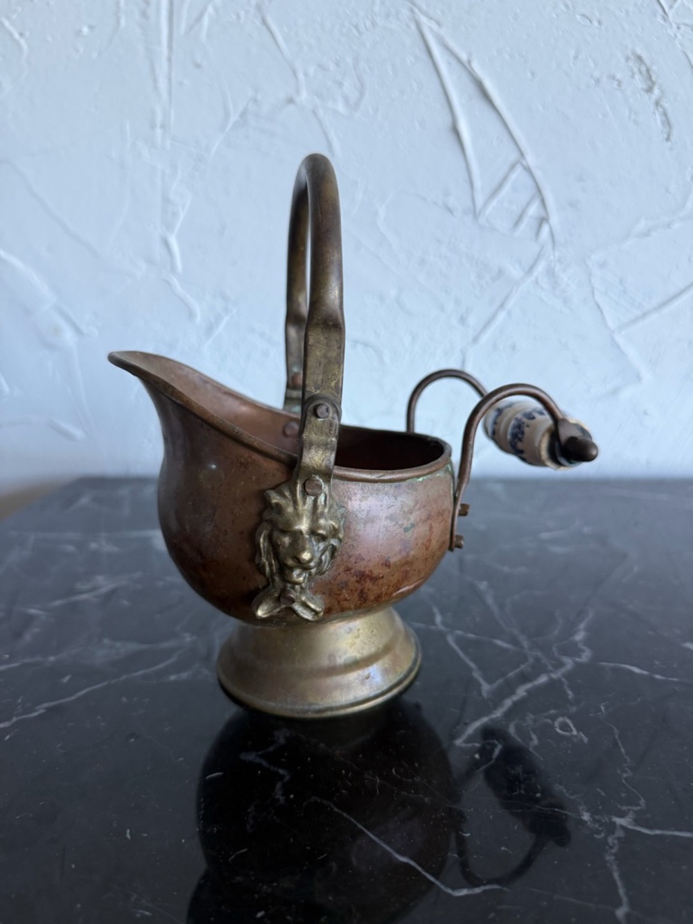 Antique Brass Copper Coal Scuttle with Handle lion head
